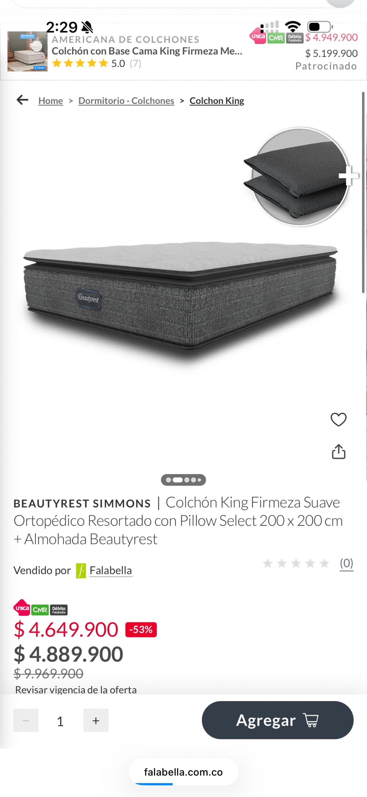 imagen de producto Colchón Beautyrest Simmons King 2 almohadas NUEVOS