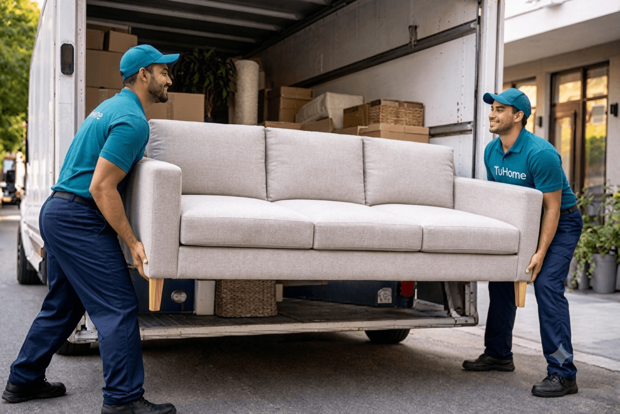 Equipo transportando un sillón hacia un camión