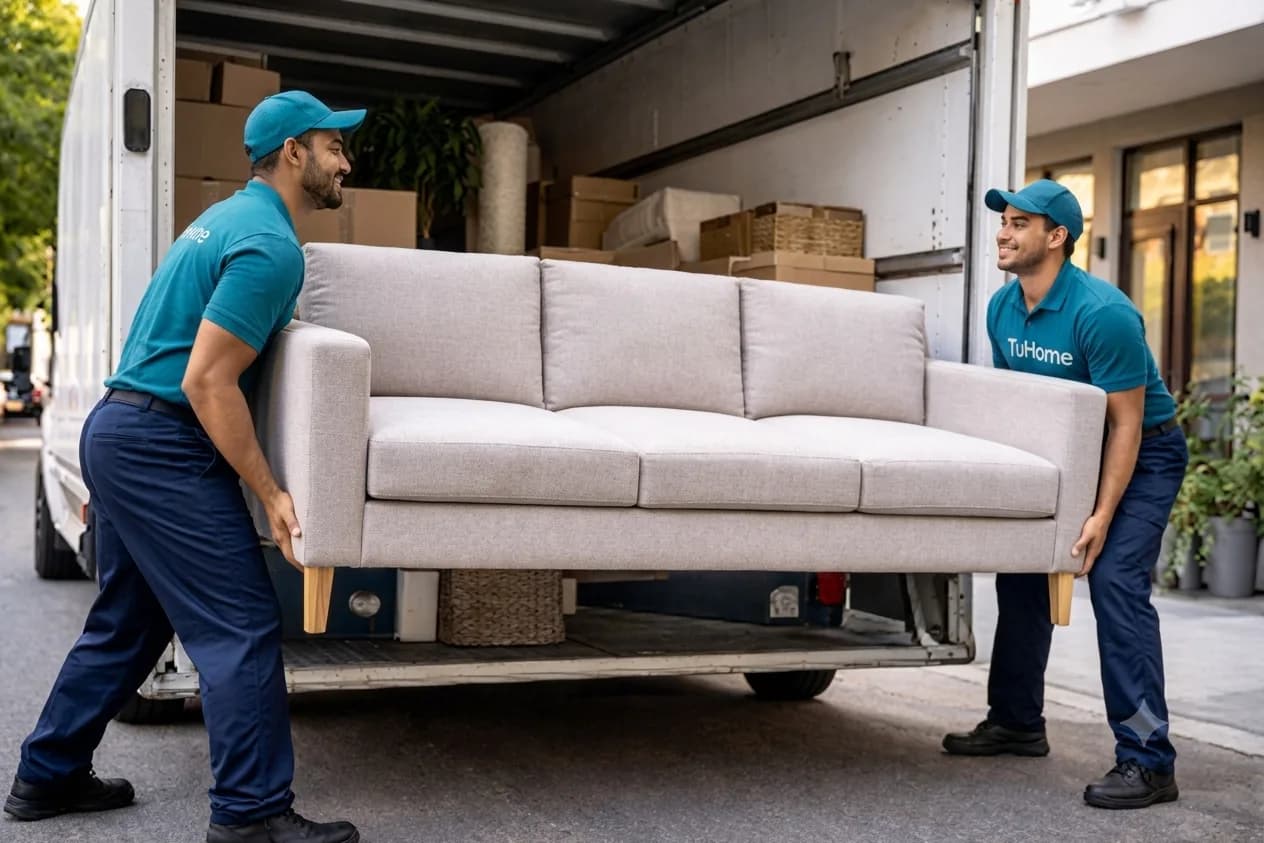 Equipo transportando un sillón hacia un camión