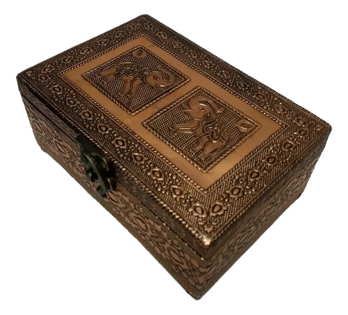 imagen de producto Cofre Hindu Lamina Cobre Martillado Elefantes