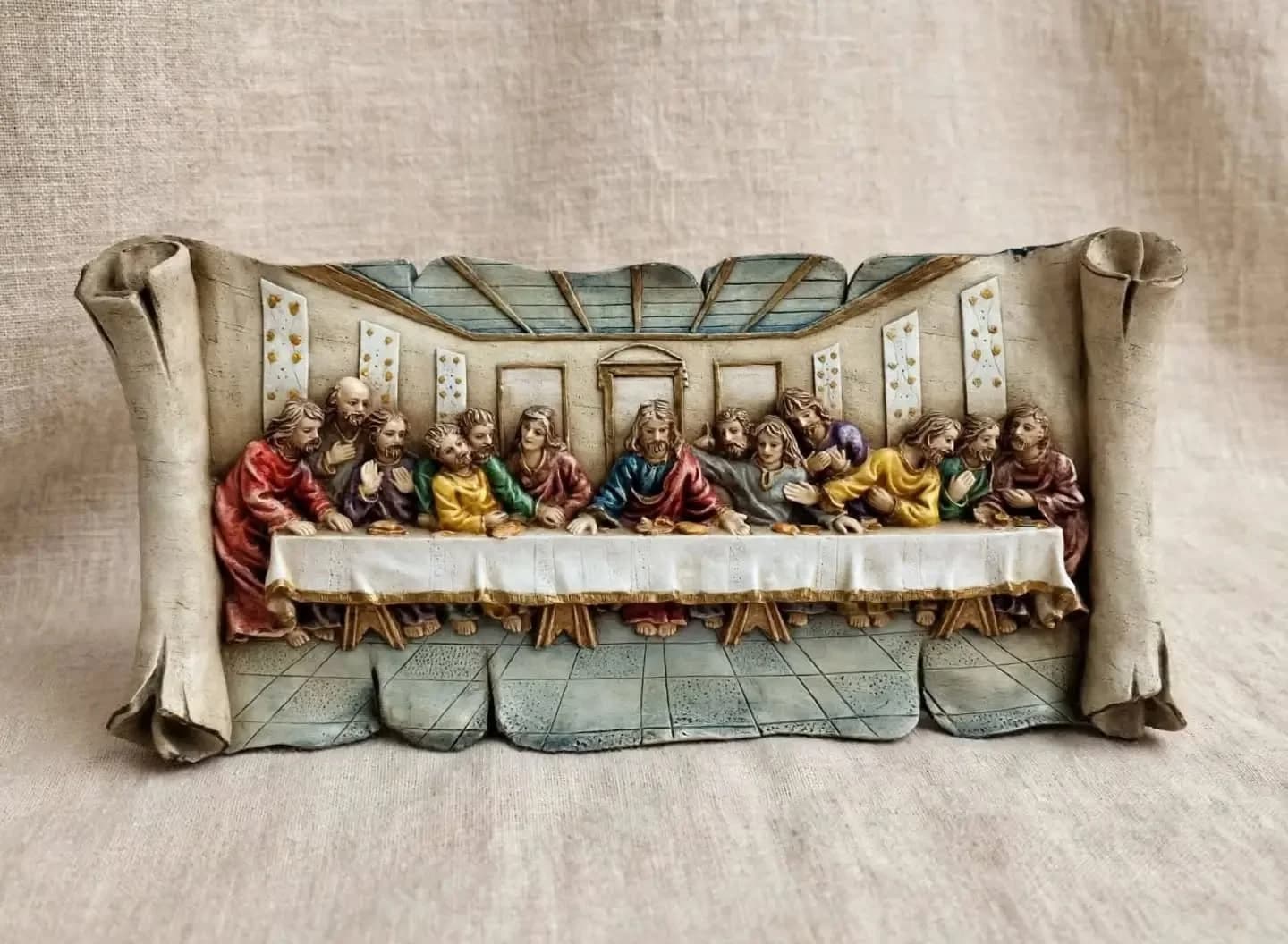 imagen de producto CUADRO ANTIGUO ITALY ULTIMA CENA MARMOLINA Y OLEO